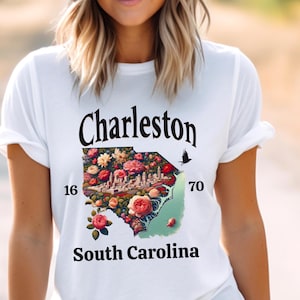 Chemise carte Charleston en Caroline du Sud, t-shirt floral rose Noisette, vue aérienne de la ville t-shirt sud historique de Charleston, cadeau botanique Charleston