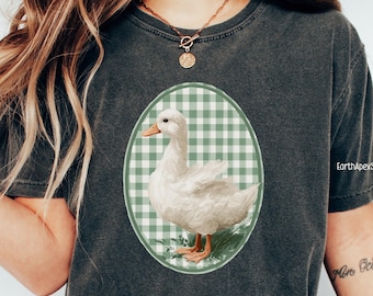 Chemise canard vintage • T-shirt en oie cottage • T-shirt à motif animal rustique Vichy vert Country Farm