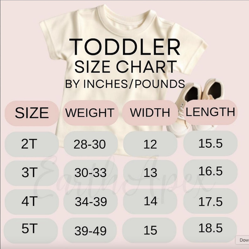 Pode incluir: Camiseta creme para crian&ccedil;as pequenas com tabela de tamanhos. A tabela lista os tamanhos 2T a 5T, com as medidas de peso em libras e dimens&otilde;es em polegadas. O texto "TODDLER SIZE CHART BY INCHES/POUNDS" &eacute; exibido.