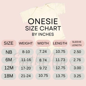Pode incluir: Body de beb&eacute; creme com uma tabela de tamanhos em polegadas. A tabela lista os tamanhos NB, 6M, 12M e 18M, com as medidas correspondentes de peso, largura, comprimento e comprimento da manga. O texto "ONESIE SIZE CHART BY INCHES" est&aacute; no topo.