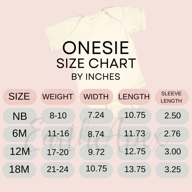 Pode incluir: Body de beb&eacute; creme com uma tabela de tamanhos em polegadas. A tabela lista os tamanhos NB, 6M, 12M e 18M, com as medidas correspondentes de peso, largura, comprimento e comprimento da manga. O texto "ONESIE SIZE CHART BY INCHES" est&aacute; no topo.