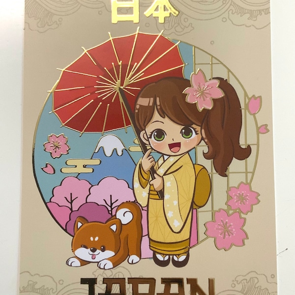 Carte a6 kawaii dorée « fille en kimono « japon manga illustration originale