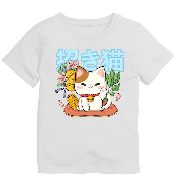 T shirt kawaii chat maneki neko lucky cat japon enfant ou adulte