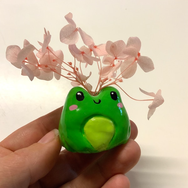 Mini vase fleurs séchées fait main compagnon de bureau argile sans cuisson grenouille kawaii