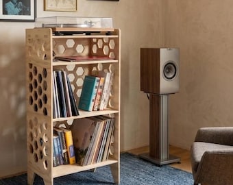 Record Player Stand with Vinyl Storage, Solid Wood Turntable Table, Mid Century Modern Geometric Record Cabinet