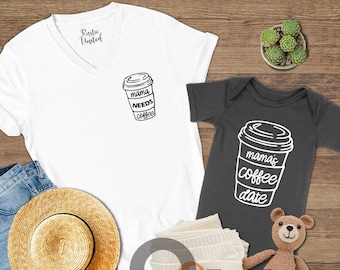 Mama Needs Coffee Shirt, Mama and Mini Shirts, Mom Coffee Shirt, Mama and Baby Matching T-shirts, Coffee Lover Shirt, Baby Shower Gifts