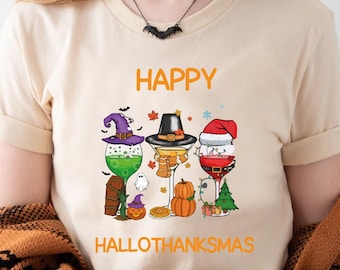 HalloThanksMas Shirt, Halloween Thanksgiving Christmas Tee, Happy Holiday Shirt Gift