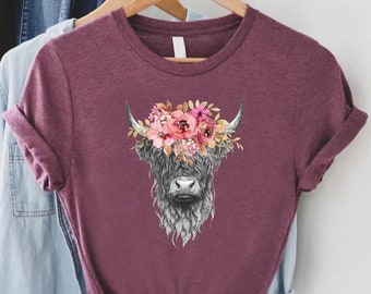 Cow with Flowers Shirt, Farmer Girl Shirt, Highland Cow Shirt Women, Country Girl Gift, Cowgirl Shirt, Western T-shirt, Country Mom Shirt