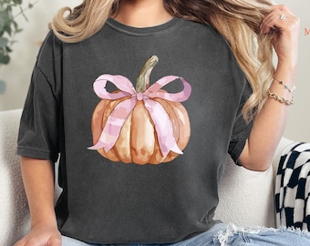 Comfort Colors® Retro Thanksgiving Tshirt, Pumpkin Coquette Bow Shirt, Girls Fall Outfit