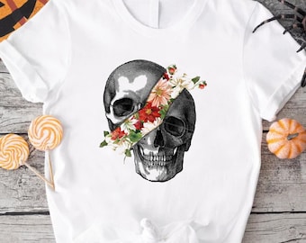 Floral Skull T-shirt, Gothic Halloween Tee, Dark Romantic Style Top, Spooky Fall Gift Women