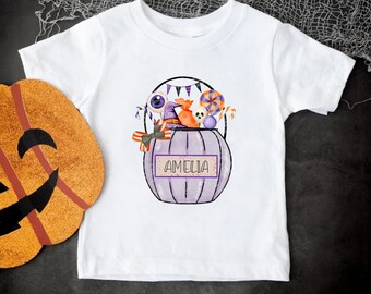 Custom Trick or Treating Halloween T-shirt, Personalized Fall Tee, Kids Candy Bag Tee