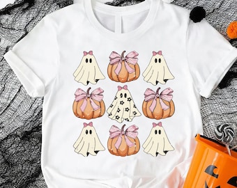 Halloween Pumpkin Shirt, Retro Halloween Tee, Coquette Halloween Shirt, Pumpkin Coquette Bow Shirt, Coquette Ghost Shirt, Spooky Season Tee