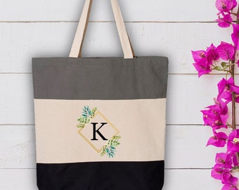 Personalized Tri Color Tote, Custom Tote Bag for Women, Bridesmaid Gifts, Bridal Party Gifts, Floral Canvas Tote Bag,Custom Initial Tote Bag