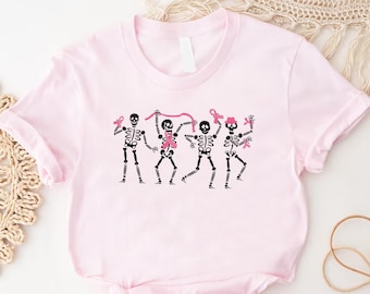 Dancing Skeletons Breast Cancer Shirt, Skeletons Pink Ribbon Cancer Awareness Tee, Halloween Breast Cancer Shirt, Breast Cancer Month Shirt