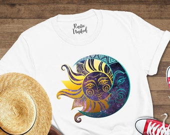 Mystic Sun And Moon Shirt, Celestial Moon Shirt, Spiritual Gift, Boho Sun Shirt, Yoga Shirt, Meditation Shirt, Graphic Moon And Sun T-shirt