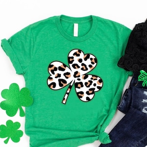 Ladies Lucky Shirt, Leopard Print Shamrock Shirt, St Patrick Matching Shirt, Leopard Clover Tee, Irish T-shirt,  St Patty&#39;s Day Shirt