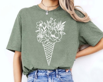 Floral Ice Cream Tshirt, Cute Summer Tee, Ice Cream Shirt Women, Gift for Moms, Women's Summer Shirt, Floral Print Shirts, Boho Flower Shirt