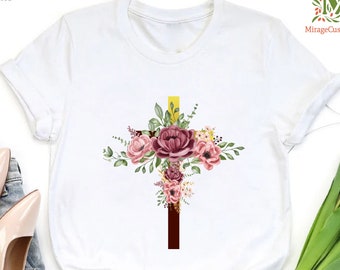 Flower Faith Cross Tshirt, Floral Christian Shirts For Women, Faith Shirt For Her, Cute Religious Tshirt, Christian Tee, Floral Cross Shirt