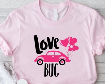 Retro Valentines Day Shirt, Valentines Day Gift, Vintage Car Lover Shirt, Love Bug Shirt, Pink Bug Car Shirt, Classic Car Shirt, V-Day Shirt