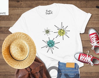 Vintage Franciscan Starburst Graphic T-Shirt, Atomic Mid Century Sunbursts Tee, Space-age Design Shirt, Modern Americana Shirt