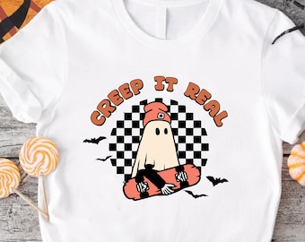 Creep It Real Halloween T-Shirt, Checkered Pumpkin Graphic Shirt, Skateboarding Ghost Tee