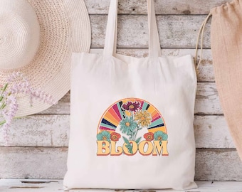 Bloom Tote Bag, Retro Tote Bag, Vintage Rainbow Bag, 70s Vibe Flower Bag, Girls Trip Tote Bag, Gift for Best Friend Bag, Hippie Floral Bag