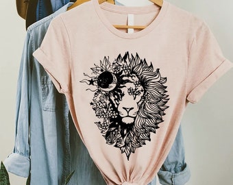 Floral Lion Shirt, Moon And Stars Lion T-shirt, Cute Lion Shirt For Women, Lion Flower Shirt, Leo Gift Shirt, Animal Lover Graphic Tee,