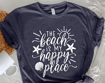 The Beach Is My Happy Place T-Shirt For Women - Summer Vacation Graphic Tee, Casual Short Sleeve Top