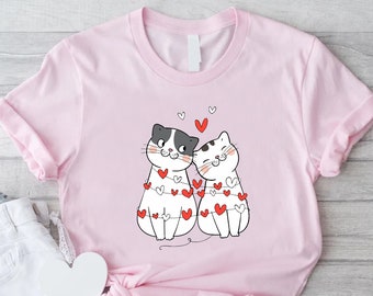 Valentines Day Cat Couple Shirt, Cat Lovers Shirt, Cat Mom Valentine Gift, Valentine Cat Shirt, Cute Cat Love Shirt, Little Hearts V-Day Tee