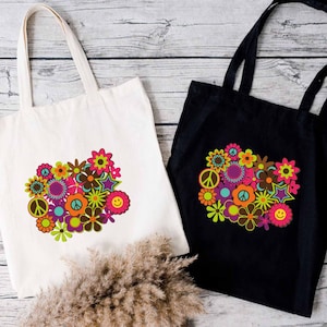 Hippie Tote Bag, Retro Flower Tote Bag, Tote Bag Gift for Mom, Colorful Hippie Tote Bag, Girls Trip Tote Bag,Vintage Tote Bag,Gift for Wife