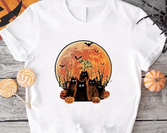 Halloween Black Cat Shirt, Spooky Pumpkin Tee, Full Moon Gothic Shirt, Haunted Autumn Outfit