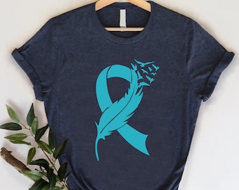 Ovarian Cancer Symbol T-shirt,Teal Feather Hope Tee,  Cancer Survivor Gift