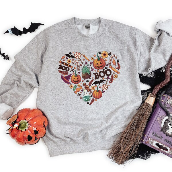 Halloween Sweatshirt, Halloween Themed Heart Sweatshirt, Cute Fall Sweatshirt, Halloween Costume Sweatshirt, Cute October Season Gift