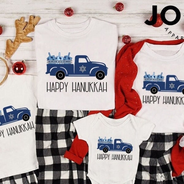 Happy Hanukkah Truck Shirts, Matching Family Chanukah T Shirts, Gift for Grandson, Gift for Jewish Kids, Religious T-Shirt, Kids Hanukkah