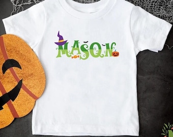Custom Halloween Kids Tshirt, Personalized Kids Fall Tee, Witch Hat Pumpkin Shirt