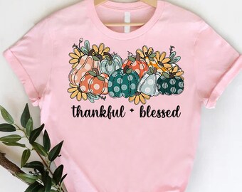 Thankful Blessed Shirt, Thanksgiving Tee, Floral Pumpkin Gift Tee