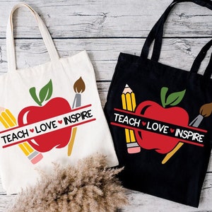Teacher Tote Bag, Teach Love and Inspire, Art Teacher Gift, Book Bag, Teacher Apple Gift, Teacher Tote, Student Teacher Gift, New Teacher