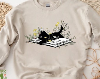 Bookish Sweatshirt, Book Lover Sweatshirt, Gift for Cat Lover, Cute Cat Book Sweatshirt, Librarian Gifts For Women, Floral Cat Sweatshirt
