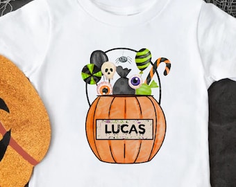 Personalized Halloween Shirt, Cute Pumpkin Bucket Tee, Trick or Treating Gift