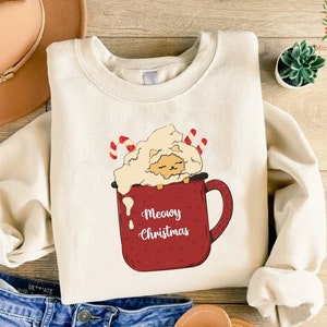 Christmas Cat Sweatshirt, Coffee Lover Christmas Cat Shirt, Meowy Christmas Sweatshirt, Christmas Gift for Coffee Lover, Xmas Holiday Shirt