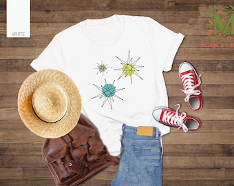 Vintage Franciscan Starburst Graphic T-Shirt, Atomic Mid Century Sunbursts Tee, Space-age Design Shirt, Modern Americana Shirt