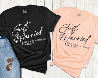 Just Married T-Shirt, Custom Honeymoon Shirt, Mr and Mrs Honeymoon Gift, Wedding Anniversary T-Shirt, Husband and Wife Couples Honeymoon Tee