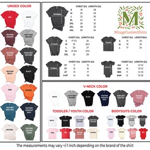 May include: A chart showing different colour options for unisex t-shirts, v-neck t-shirts, toddler/youth t-shirts, and bodysuits. The chart includes size and measurement information in inches. The chart also includes the brand name "MirageCustomShirts".