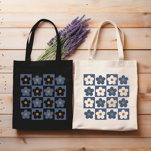 Retro Flower Canvas Tote, Aesthetic Tote Bag, Checkerboard Floral Design Bag, Gift for Her, Reusable Shopping Bag, Daisy Checkerboard Tote