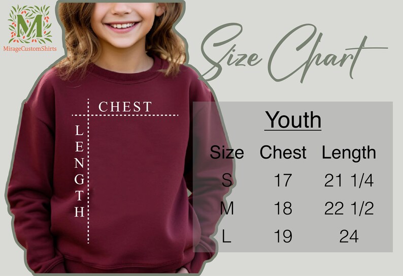a young girl wearing a maroon sweatshirt with the measurements for her size