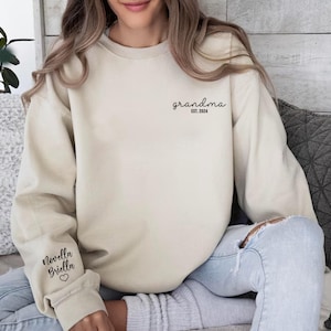 Custom Embroidered Grandma Sweatshirt with Grandkids Names on Sleeve,Est Date Grandma Tee,Mothers Day Grandma Gift,Personalized Gift Grandma