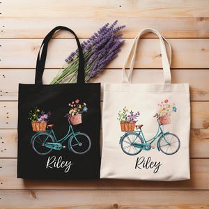 Custom Bicycle Floral Tote Bag, Bicycle Tote Bag, Flower Bike Tote Bag, Bicycle Flower Basket Tote Bag, Vintage Bicycle Lover Gift Bag
