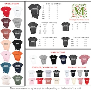 Puede incluir: Un gr&aacute;fico que muestra diferentes estilos de camisetas y bodies con tablas de tallas para tallas unisex, j&oacute;venes, ni&ntilde;os peque&ntilde;os y bodies. El gr&aacute;fico incluye medidas de pecho y longitud en pulgadas. El gr&aacute;fico est&aacute; titulado "MirageCustomShirts".
