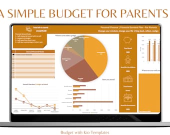 May include: A laptop screen displaying a budget template for parents. The template is titled "A Simple Budget for Parents" and includes charts and graphs to track income, expenses, and savings. The template is designed to help parents manage their finances and achieve their financial goals.