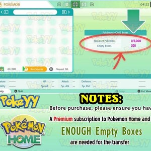 Puede incluir: Una captura de pantalla de la interfaz del juego Pok&eacute;mon. La pantalla muestra las Cajas de Pok&eacute;mon HOME con 0/6.000 Pok&eacute;mon Residentes y 200 Cajas Vac&iacute;as. El texto incluye "Pokemon Home" y "Se necesitan suficientes cajas vac&iacute;as para la transferencia."